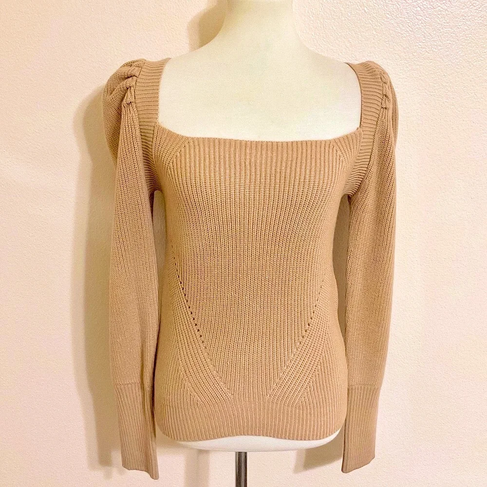 WAYF Leland Tie Back Puff Sleeve Sweater Camel M
